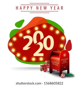 Happy New Year, 2020, modern red postcard in lava lamp style with Santa letterbox with presents isolated on white background