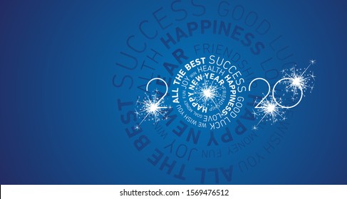 Happy New Year 2020 modern circle word cloud text with sparkle firework white blue greeting card