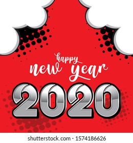 Happy New Year 2020 Modern pop art Text effect for banner Vector. With 3d Text effect silver metallic.