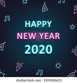 Happy New Year 2020. Modern and futuristic wallpaper with neon text on dark blue background. Holiday design template for greeting card, party invitation, seasonal flyer, light banner, poster,  website