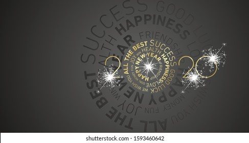 Happy New Year 2020 modern circle word cloud text with sparkle firework gold white black greeting card