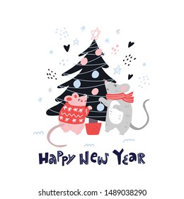 Happy New Year 2020. Mouse rat year, Chinese zodiac. Two mice decorating a Christmas tree. Funny cartoon doodle Scandinavian style illustration, poster, greeting card, print, banner