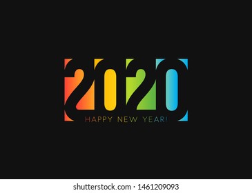 Happy New Year 2020. Negative space style design, cut out numbers from colored paper. Twenty twenty holiday Logo Design. Vector illustration on black background.