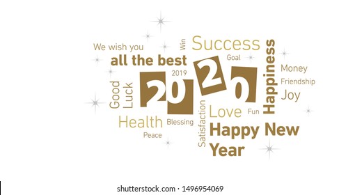 Happy New Year 2020 negative space cloud text gold white silver vector