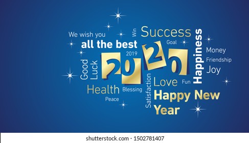 Happy New Year 2020 negative space cloud text gold white blue vector