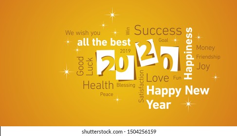 Happy New Year 2020 negative space cloud text white orange yellow vector