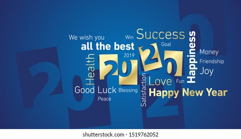 Happy New Year 2020 negative space word cloud text gold white blue vector