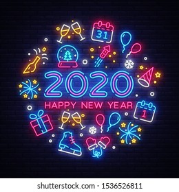 Happy New Year 2020 neon icons set vector. Merry Christmas collection neon signs. Bright sign boards, light banner. Modern trend design, night light signboard, emblems, design template. Vector Happy New Year 2020 neon icons set vector. Merry Christmas collection neon signs. Bright sign boards, light banner. Modern trend design, night light signboard, emblems, design template. Vector