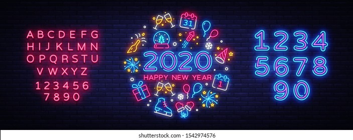 Happy New Year 2020 neon icons set vector. Merry Christmas collection neon signs. Bright sign boards, light banner. Modern trend design, night light signboard, emblems. Vector. Editing text neon sign.