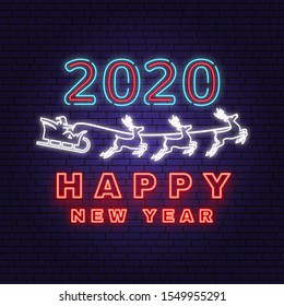 Happy New Year 2020 neon sign with santa claus in sleigh. Vector. For New 2020 Year template, greeting card, flyer, poster, website. Neon sign with santa claus for banner, romotion or advertisement.