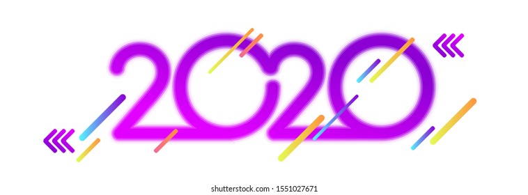 Happy New Year 2020 neon bright Logo Text Design. Vector Template Design Illustration for Cover of business diary for 2020 in modern memphis style Isolated on white background.