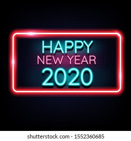 HAPPY NEW YEAR 2020 neon light banner using as background and wallpaper. Vector Illustration