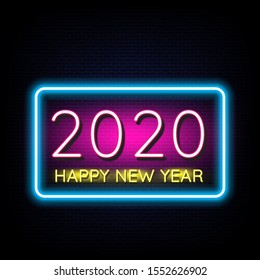 HAPPY NEW YEAR 2020 neon light banner using as background and wallpaper. Vector Illustration