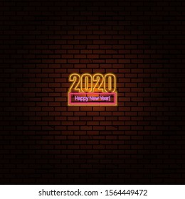 Happy New Year 2020. Neon numbers with frame and text on the wall. Night festive banner. Vector illustration.