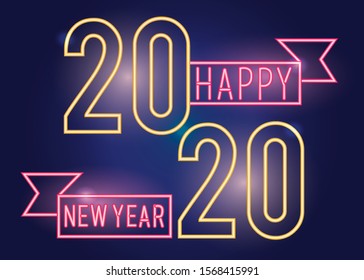 happy new year 2020 neon lights with ribbon vector illustration design