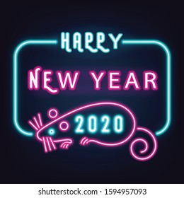 Happy New Year 2020 neon text with the rat,2020 year of the rat,Chinese New Year, ,light banner,greeting card for X mas and New Year concept.