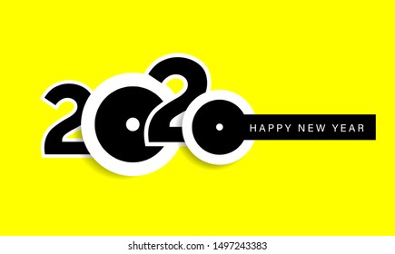 Happy New Year 2020 happy number on yellow background. Сelebration decoration poster, banner, card, cover, invitation. Vector illustration.