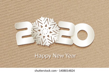 Happy New Year 2020. Numbers 20, 2, 0, 02 and snowflake cut from paper for holiday greeting card, invitation, calendar poster, banner. Vector Illustration.