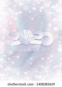 Happy New Year 2020. Numbers 20, 2, 0, 02 and snowflake cut from paper for holiday greeting card, invitation, calendar poster, banner. Vector Illustration.