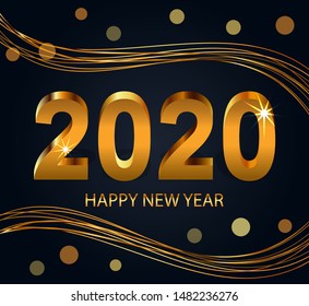 Happy New Year 2020 numbers, text design . Greeting card with golden numbers over black background with bokeh effect