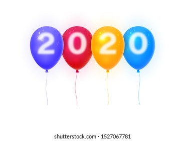 Happy new year 2020. Numbers 2020 on colorful balloons. Holiday poster or banner design. Vector illustration.