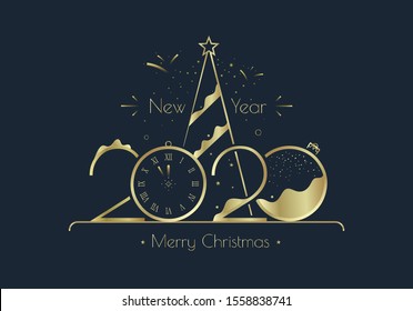 Happy New Year 2020 numbers typography greeting card design with stylized Golden clock, xmas tree and decoration on dark background. Merry Christmas golden line illustration.