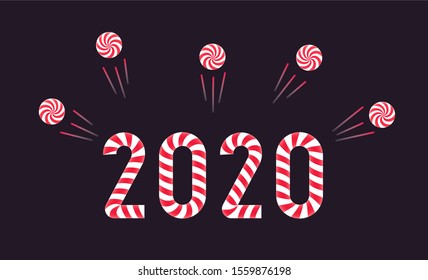 Happy new year 2020 numbers as candy cane and lollipop as fireworks rockets. Applicable as part of greeting card,  invitation, banner or card design. Happy Merry Christmas logo. Vector illustration