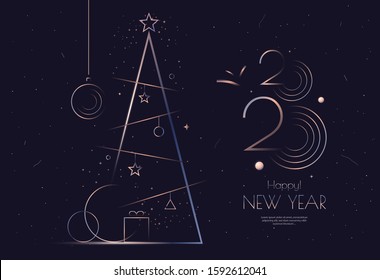 Happy New Year 2020 numbers typography greeting card design with stylized modern Christmas tree and decoration on dark background. Winter holiday golden line illustration.