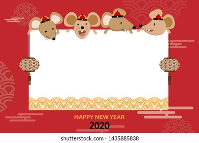 Happy new year 2020 on red and white with copy space for messages with four rats and elements on frame, Cute flat cartoon Chinese new year symbol with happy mouse,Vector Illustration for greeting card