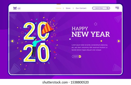 Happy new year 2020 on landing page template, 2020 decoration for the new year's theme