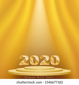 Happy New Year! 2020 on stage in the light of spotlights on a gold background