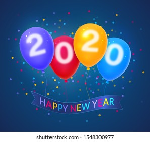 Happy New Year 2020 on colorful balloons. Vector illustration.