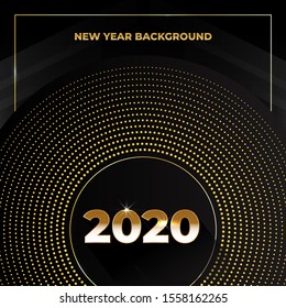 Happy New Year 2020 on black background, text design gold colored, vector elements for calendar and greeting card.