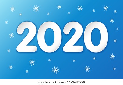 Happy New Year 2020 paper numbers. Lettering Xmas greeting inscription and snowflake on blue background. Vector illustration. Abstract isolated graphic web design template.