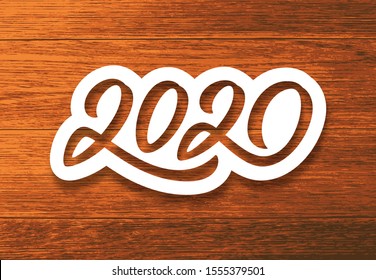 Happy New Year 2020. Paper 3D calligraphic number on vintage wood background. Vector greeting card design template for winter holidays