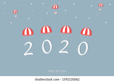Happy new year 2020 paper art style with parachute and gifts falling in the sky.