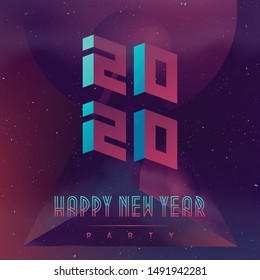 Happy New Year 2020 party. Futuristic design poster with abstract elements in dark space. Applicable for covers, placards, music posters and dj flyers. Vector illustration with planets and stars.