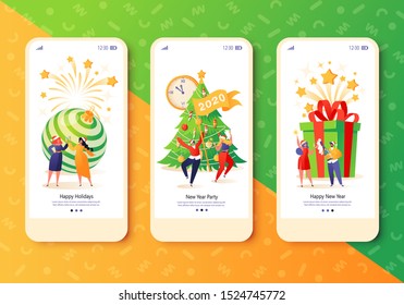 Happy New Year 2020 party celebration concept for mobile app page, screen set. Happy flat people drink champagne, dancing, launch fireworks. Concept for website, landing page on winter holiday theme.