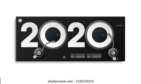 Happy New Year 2020 party DJ's music panel background. Greeting card headphone DJ player headphone 2020 flyer. Headset DJ equipment date 2020 year. Celebrate earphones dancing disco brochure