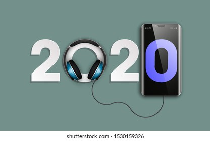 Happy New Year 2020 party headphones music background. Greeting card headphone DJ player headphone 2020 flyer. Headset phone equipment date 2020 year. Celebrate earphones dancing disco brochure