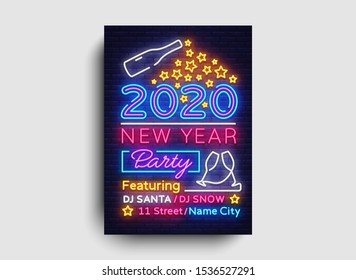 Happy New Year 2020 Party Neon Poster Vector. New year Party neon invitation, design template, modern trend design, Christmas celebretion, night bright advertising, light banner, light art. Vector