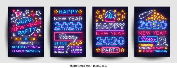 Happy New Year 2020 Party Poster collection neon vector. New Year 2020 celebration design invintation template, Christmas celebration bright neon brochure, typography invitation. Vector.