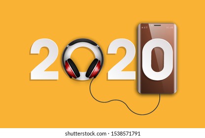 Happy New Year 2020 party headphones music background. Greeting card headphone DJ player headphone 2020 flyer. Headset phone equipment date 2020 year. Celebrate earphones dancing disco brochure