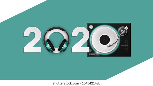 Happy New Year 2020 party DJ's music panel background. Greeting card headphone DJ player headphone 2020 flyer. Headset DJ equipment date 2020 year. Celebrate earphones dancing disco brochure