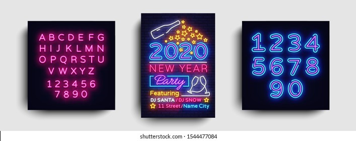 Happy New Year 2020 Party Neon Poster Vector. New year Party neon invitation, design template, modern trend design, Christmas celebretion, light banner, light art. Vector. Editing text neon sign Happy New Year 2020 Party Neon Poster Vector. New year Party neon invitation, design template, modern trend design, Christmas celebretion, light banner, light art. Vector. Editing text neon sign