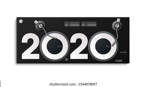 Happy New Year 2020 party DJ's music panel background. Greeting card headphone DJ player headphone 2020 flyer. Headset DJ equipment date 2020 year. Celebrate earphones dancing disco brochure