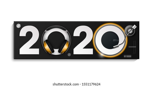 Feliz Año Nuevo 2020, grupo musical de DJ. Auricular de la tarjeta de saludo reproductor de auriculares de DJ 2020. Equipo para DJ de auriculares, fecha 2020 año. Celebra el folleto de la discoteca bailando auriculares