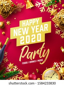 Happy New Year 2020 party Poster or banner with golden gift box and christmas decoration elements in red and gold style.Promotion and shopping template for New Year.Vector EPS10