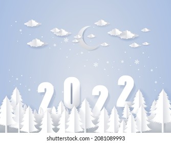 happy new year 2020, with pine tree paper art