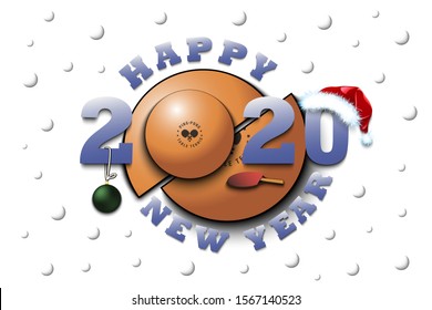 Happy new year 2020 and ping-pong ball with Christmas ball, racket and hat. Creative design pattern for greeting card, banner, poster, flyer, party invitation, calendar. Vector illustration